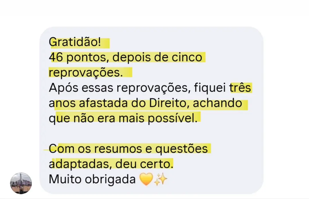Print de mensagem — depoimento sobre questões próximas do que cai na FGV